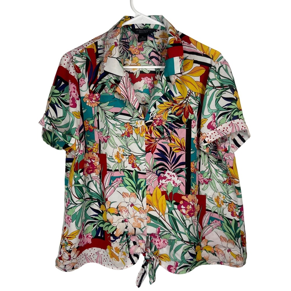 Investments Petites PL Floral Tie Front Blouse Short Sleeve Multicolor‎
